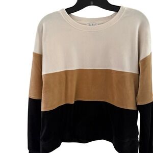 Wonderly Color Block Velour M Medium Sweater Crewneck Cream Brown Black